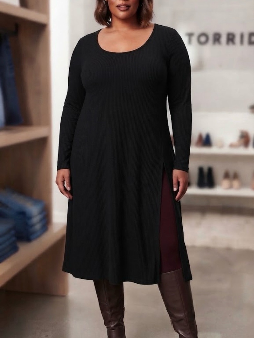 torrid NWT Black Ribbed Long-Sleeve SCOOP Neck Tunic with Side Slit